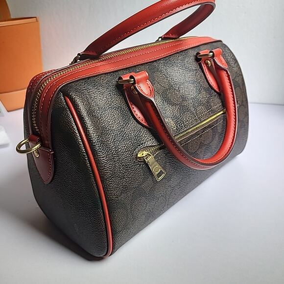 NWT Coach Medium Rowan Satchel In Signature Canvas Walnut Red Gold - Picture 2 of 4